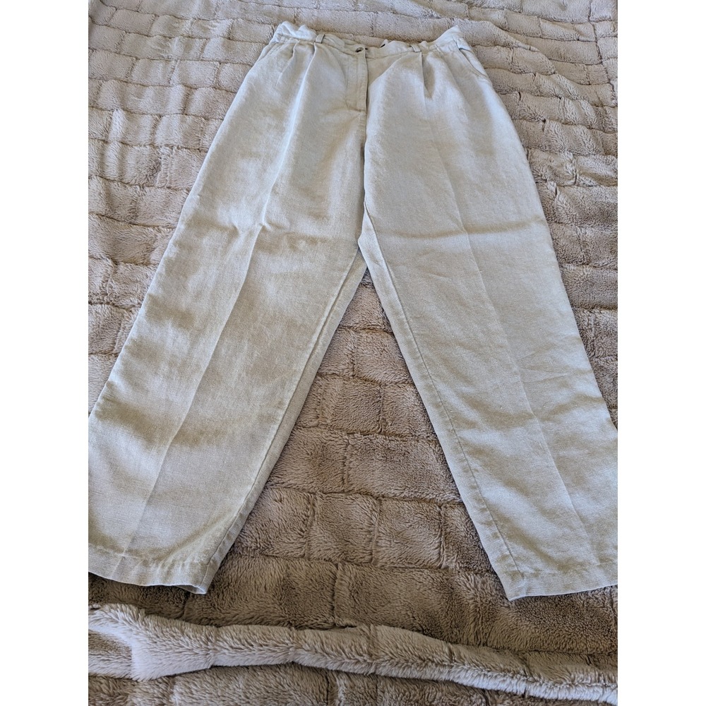 Rafaella Womens Beige 100% Linen Pleated High Waist Straight Leg Pants Size 14